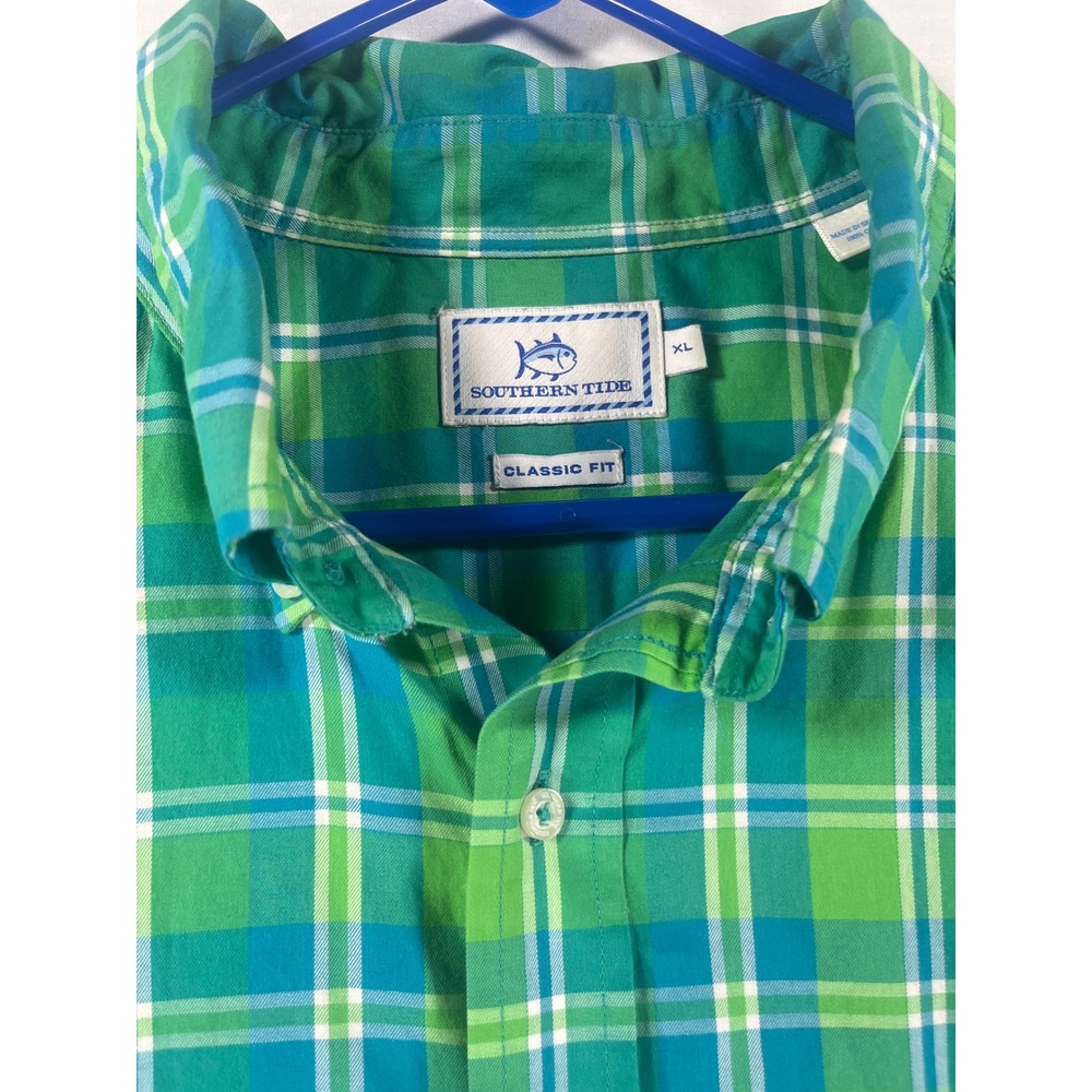 Southern Tide Mens XL Classic Fit Plaid Button Down Shirt Green Blue Cotton